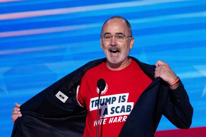 WASHINGTON - AUGUST 19: Shawn Fain, President of the United Automobile Workers, speaks during the 2024 Democratic National Convention at the United Center in Chicago on Monday, August 19, 2024. (Bill Clark/CQ-Roll Call, Inc via Getty Images)