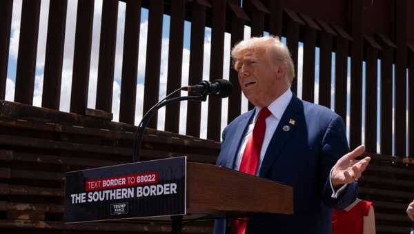 SIERRA VISTA, ARIZONA - AUGUST 22: U.S. Republican Presidential Candidate and former President Donald Trump speaks at the U.S.-Mexico border on August 22, 2024 south of Sierra Vista, Arizona. Trump will hold a rally in Glendale, Arizona tomorrow. (Photo by Rebecca Noble/Getty Images)