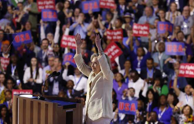 CHICAGO, ILLINOIS - AUGUST 19: Former U.S. Secretary of State Hillary Clinton speaks onstage during the first day of the Democratic National Convention at the United Center on August 19, 2024 in Chicago, Illinois.  Delegates, politicians, and Democratic party supporters are in Chicago for the convention, concluding with current Vice President Kamala Harris accepting her party&apos;s presidential nomination. The DNC takes place from August 19-22. (Photo by Kevin Dietsch/Getty Images)