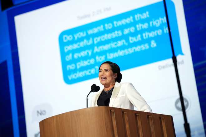 CHICAGO, ILLINOIS - AUGUST 20: Former Trump White House Press Secretary Stephanie Grisham speaks on stage during the second day of the Democratic National Convention at the United Center on August 20, 2024 in Chicago, Illinois. Delegates, politicians, and Democratic Party supporters are gathering in Chicago, as current Vice President Kamala Harris is named her party's presidential nominee. The DNC takes place from August 19-22. (Photo by Andrew Harnik/Getty Images)