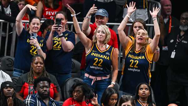 ATLANTA, GA  AUGUST 26:  Indiana fans wearing Caitlin Clark jerseys react in the stands during the WNBA game between the Indiana Fever and the Atlanta Dream on August 26th, 2024 at State Farm Arena in Atlanta, GA. (Photo by Rich von Biberstein/Icon Sportswire via Getty Images)