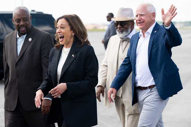 Vice&#x20;President&#x20;and&#x20;Democratic&#x20;presidential&#x20;candidate&#x20;Kamala&#x20;Harris&#x20;and&#x20;her&#x20;running&#x20;mate,&#x20;Minnesota&#x20;Gov.&#x20;Tim&#x20;Walz,&#x20;arrive&#x20;at&#x20;Savannah&#x2F;Hilton&#x20;Head&#x20;International&#x20;Airport&#x20;in&#x20;Savannah,&#x20;Georgia,&#x20;on&#x20;Aug.&#x20;28,&#x20;2024,&#x20;as&#x20;they&#x20;travel&#x20;for&#x20;a&#x20;2-day&#x20;campaign&#x20;bus&#x20;tour.