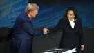 US Vice President and Democratic presidential candidate Kamala Harris (R) shakes hands with former US President and Republican presidential candidate Donald Trump during a presidential debate at the National Constitution Center in Philadelphia, Pennsylvania, on September 10, 2024. (Photo by SAUL LOEB / AFP) (Photo by SAUL LOEB/AFP via Getty Images) US-VOTE-POLITICS-DEBATE-HARRIS-TRUMP