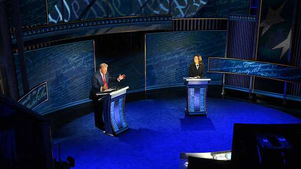 US Vice President and Democratic presidential candidate Kamala Harris listens during a presidential debate with former US President and Republican presidential candidate Donald Trump at the National Constitution Center in Philadelphia, Pennsylvania, on September 10, 2024. (Photo by SAUL LOEB / AFP) (Photo by SAUL LOEB/AFP via Getty Images)