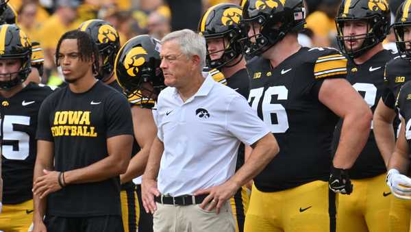 IOWA CITY IA - SEPTEMBER 14: Iowa head coach Kirk Ferentz watches his team warm up before a college football game between the Troy Trojans and the Iowa Hawkeyes, on September 14, 2024, at Kinnick Stadium, Iowa City, IA. (Photo by Keith Gillett/IconSportswire)