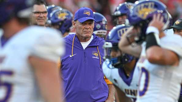 LINCOLN, NEBRASKA - SEPTEMBER 14: Head coach Mark Farley of the Northern Iowa Panthers watches the team warm up before the game against the Nebraska Cornhuskers at Memorial Stadium on September 14, 2024 in Lincoln, Nebraska. (Photo by Steven Branscombe/Getty Images)