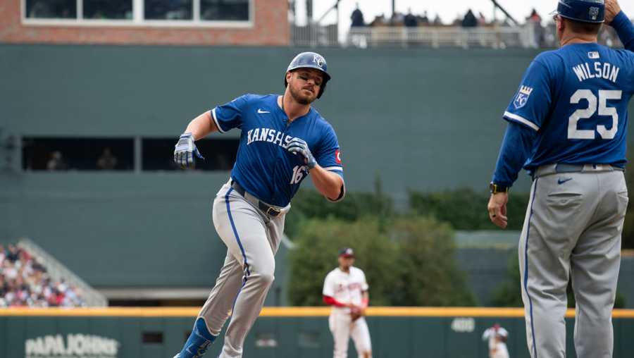 ATLANTA, GEORGIA - SEPTEMBER 29: Hunter Renfroe #16 of the Kansas City Royals rounds third base after hitting a home run in the fourth inning against the Atlanta Braves at Truist Park on September 29, 2024 in Atlanta, Georgia. (Photo by Edward M. Pio Roda/Getty Images)