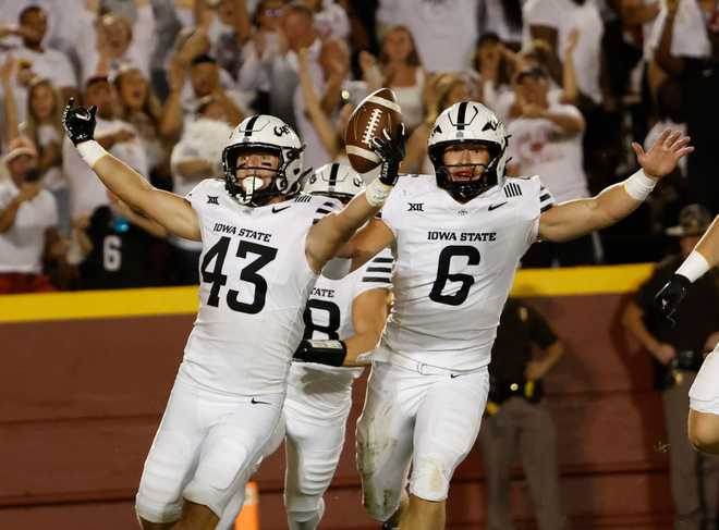 AMES,&#x20;IA&#x20;-&#x20;OCTOBER&#x20;5&#x3A;&#x20;Defensive&#x20;back&#x20;Caden&#x20;Matson&#x20;&#x23;43&#x20;of&#x20;the&#x20;Iowa&#x20;State&#x20;Cyclones&#x20;celebrates&#x20;with&#x20;teammate&#x20;defensive&#x20;end&#x20;Myles&#x20;Mendeszoon&#x20;&#x23;6&#x20;of&#x20;the&#x20;Iowa&#x20;State&#x20;Cyclones&#x20;after&#x20;returning&#x20;a&#x20;blocked&#x20;punt&#x20;for&#x20;a&#x20;touchdown&#x20;in&#x20;the&#x20;first&#x20;half&#x20;of&#x20;play&#x20;at&#x20;Jack&#x20;Trice&#x20;Stadium&#x20;on&#x20;October&#x20;5,&#x20;2024,&#x20;in&#x20;Ames,&#x20;Iowa.&#x20;The&#x20;Iowa&#x20;State&#x20;Cyclones&#x20;won&#x20;43-21&#x20;over&#x20;the&#x20;Baylor&#x20;Bears.&#x20;&#x28;Photo&#x20;by&#x20;David&#x20;K&#x20;Purdy&#x2F;Getty&#x20;Images&#x29;