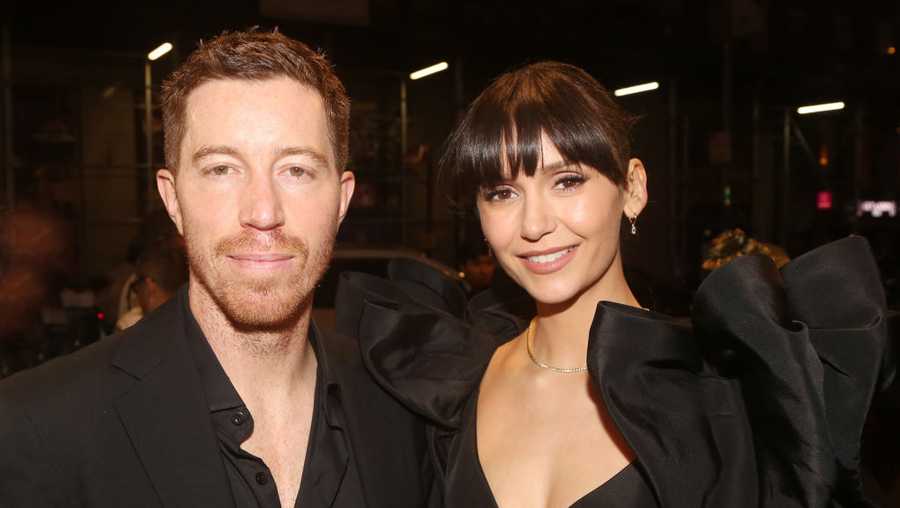 NEW YORK, NEW YORK - OCTOBER 10: (EXCLUSIVE COVERAGE) Shaun White and Nina Dobrev pose at the opening night of the revival of &quot;Our Town&quot; on Broadway at The Barrymore Theatre on October 10, 2024 in New York City. (Photo by Bruce Glikas/WireImage)