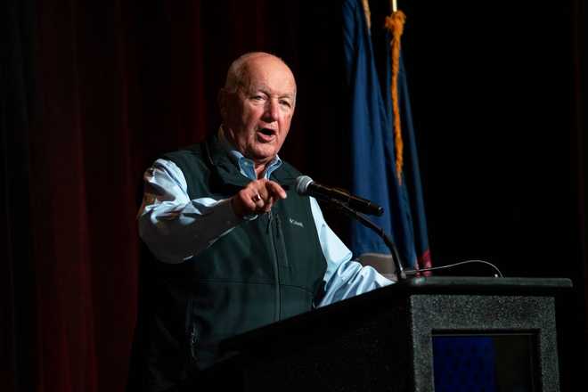 NOVI, MICHIGAN - NOVEMBER 05: Michigan Republican Party Chairman Pete Hoekstra speaks at an election night party for Republican US Senate candidate Mike Rogers and the MIGOP on November 5, 2024 in Novi, Michigan. Rogers and Democrat Elissa Slotkin are competing for the seat vacated by the retiring Debbie Stabenow. (Photo by Sarah Rice/Getty Images)