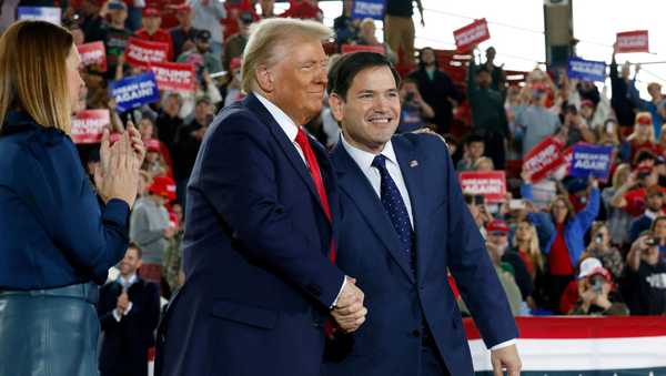 RALEIGH, NORTH CAROLINA - NOVEMBER 04:  Republican presidential nominee, former U.S. President Donald Trump appears stage with U.S. Sen. Marco Rubio (R-FL) (R) and Arkansas Gov. Sarah Huckabee Sanders during a campaign rally at the J.S. Dorton Arena on November 04, 2024 in Raleigh, North Carolina. With one day left before the general election, Trump is campaigning for re-election in the battleground states of North Carolina, Pennsylvania and Michigan.  (Photo by Chip Somodevilla/Getty Images)