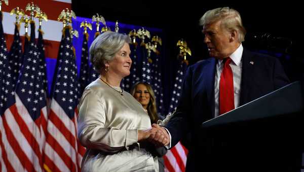 WEST PALM BEACH, FLORIDA - NOVEMBER 05: Republican presidential nominee, former U.S. President Donald Trump praises his campaign senior advisor Susie Wiles during an election night event at the Palm Beach Convention Center on November 06, 2024 in West Palm Beach, Florida. Americans cast their ballots today in the presidential race between Republican nominee former President Donald Trump and Vice President Kamala Harris, as well as multiple state elections that will determine the balance of power in Congress. (Photo by Chip Somodevilla/Getty Images)