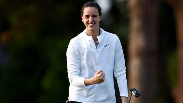 BELLEAIR, FLORIDA - NOVEMBER 13: Professional basketball player Caitlin Clark  reacts on the fifth hole prior to The ANNIKA driven by Gainbridge at Pelican 2024 at Pelican Golf Club on November 13, 2024 in Belleair, Florida. (Photo by Douglas P. DeFelice/Getty Images)