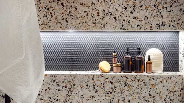 Spa, shampoo and skincare setup in shower