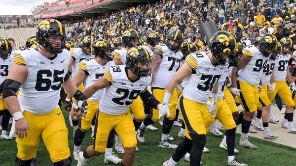 COLLEGE PARK, MD - November 23   The Iowa Hawkeyes leave the field together following the Iowa Hawkeyes game versus the Maryland Terrapins on November 23, 2024 at SECU Stadium in College Park, MD. (Photo by Mark Goldman/Icon Sportswire via Getty Images)