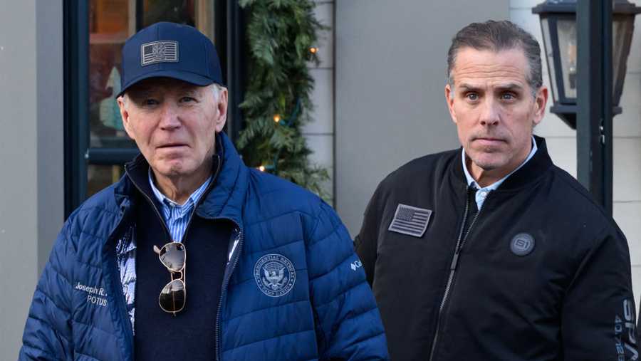 A November 29, 2024 photo shows US President Joe Biden and son Hunter Biden stepping out of a bookstore while shopping in Nantucket, Massachusetts on November 29, 2024. Biden on Sunday issued an official pardon for his son Hunter, who is facing sentencing for two criminal cases related to tax evasion and the purchase of a firearm. (Photo by Mandel NGAN / AFP) (Photo by MANDEL NGAN/AFP via Getty Images)
