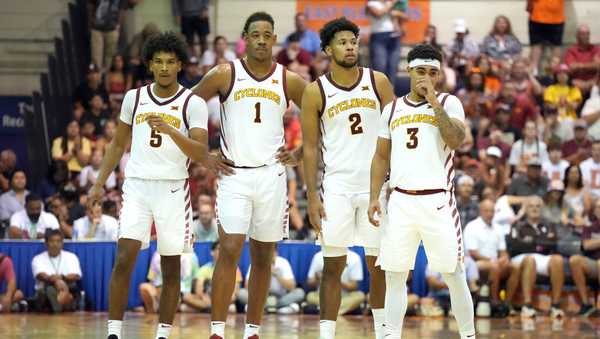 LAHAINA, HI - NOVEMBER 25: Curtis Jones #5 Dishon Jackson #1, Joshua Jefferson #2 , and Tamin Lipsey #3 of the Iowa State Cyclones look on during a Maui Invitational college basketball game against the Auburn Tigers at The Lahaina Civic Center on November 25, 2024 in Lahaina, Hawaii. (Photo by Mitchell Layton/Getty Images)