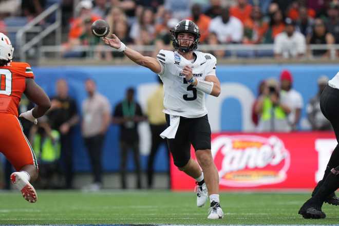 ORLANDO, FL – DECEMBER 28: Iowa State Cyclones quarterback Rocco Becht (3) makes a pass attempt during the Pop-Tarts Bowl game between the Iowa State Cyclones and the Miami Hurricanes on Saturday, December 28, 2024 at Camping World Stadium in Orlando , Florida (Photo by Peter Joneleit/Icon Sportswire via Getty Images)