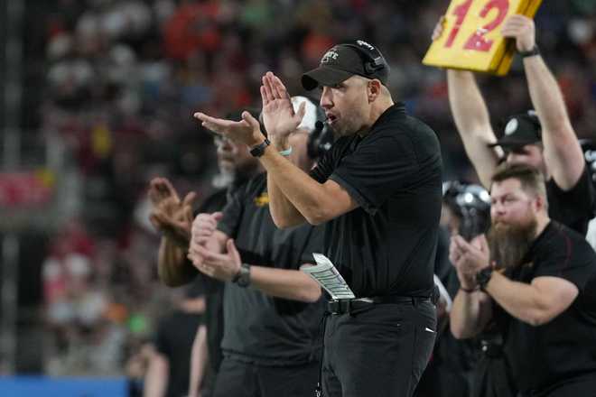 ORLANDO, FL – DECEMBER 28: Iowa State Cyclones head coach Matt Campbell fires up his defense during the Pop-Tarts Bowl game between the Iowa State Cyclones and the Miami Hurricanes on Saturday, December 28, 2024 at Camping World Stadium in Orlando , Florida. (Photo by Peter Joneleit/Icon Sportswire via Getty Images)