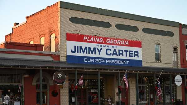 A sign in honor of former US President Jimmy Carter hangs in Plains, Georgia, on December 30, 2024.