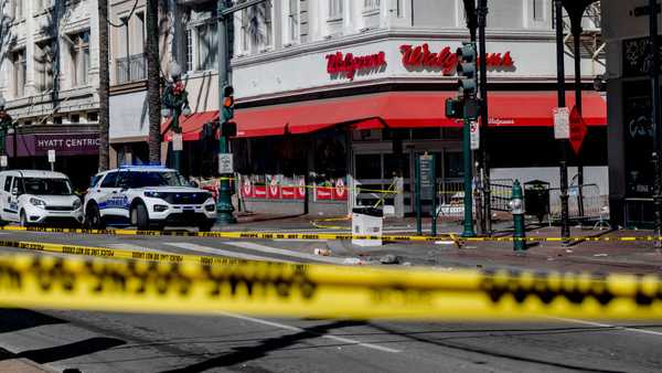 The French Quarter, near Bourbon Street is blocked off late morning with a heavy police and FBI presence after a Terrorist attack early in the morning in New Orleans, Louisiana, on January 1, 2025. At least 10 people were killed and 30 injured Wednesday when a vehicle plowed overnight into a New year's crowd in the heart of the thriving New Orleans tourist district, authorities in the southern US city said. (Photo by Emily KASK / AFP) (Photo by EMILY KASK/AFP via Getty Images)