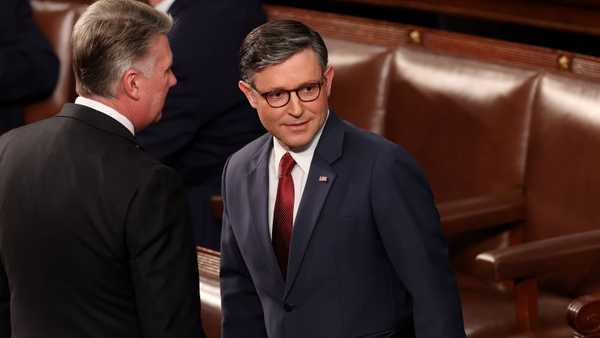 WASHINGTON, DC - JANUARY 03: Speaker Mike Johnson (R-LA) (C) arrives for the first day of the 119th Congress in the House Chamber of the U.S. Capitol Building on January 03, 2025 in Washington, DC. Rep. Johnson is working to retain the Speakership in the face of opposition within his own party as the 119th Congress holds its first session to vote for a new Speaker of the House. (Photo by Win McNamee/Getty Images)