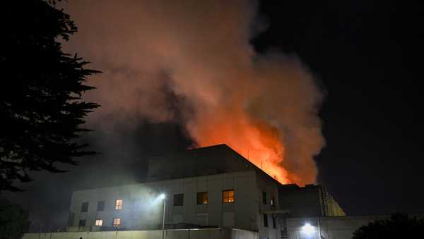 A view of flames at Moss Landing Power Plant that located on Pacific Coast Highway in Moss Landing of Monterey Bay, California