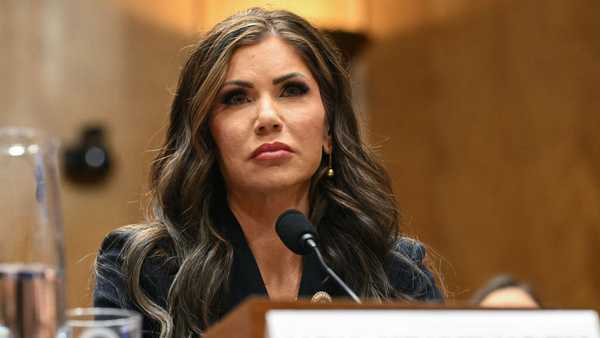 South Dakota Governor Kristi Noem testifies during a Senate Homeland Security and Governmental Affairs Committee hearing on her nomination to be Secretary of Homeland Security, on Capitol Hill in Washington, DC, on January 17, 2025.