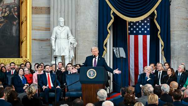 WASHINGTON, DC - JANUARY 20: U.S. President Donald Trump speaks Vice President JD Vance, President Joe Biden, Vice President Kamala Harris look on during his inauguration in the U.S. Capitol Rotunda on January 20, 2025 in Washington, DC. Donald Trump takes office for his second term as the 47th President of the United States. (Photo by Kenny Holston-Pool/Getty Images)