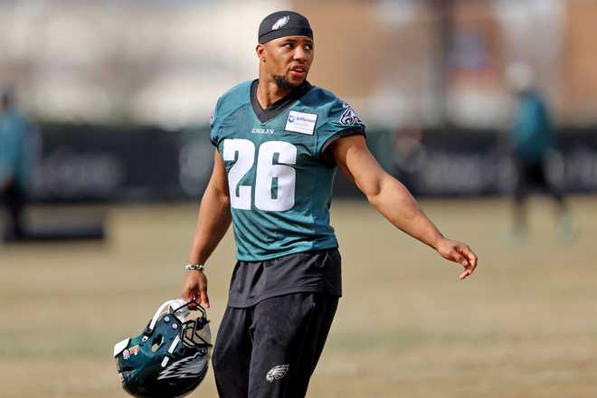 METAIRIE, LOUISIANA - FEBRUARY 6: Running back Saquon Barkley #26 participates in a team practice ahead of Super Bowl LIX at the Ochsner Sports Performance Center located at New Orleans Saints headquarters on February 6, 2025 in Metairie, Louisiana. The Eagles will face the Kansas City Chiefs this Sunday in the Caesars Superdome.(Photo by Michael DeMocker/Getty Images)