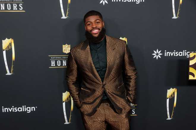 Jared Verse at the 14th Annual NFL Honors held at Saenger Theatre on February 06, 2025 in New Orleans, Louisiana. (Photo by Christopher Polk/Variety via Getty Images)