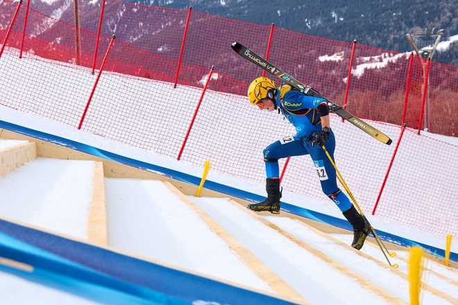 BORMIO, ITALY - FEBRUARY 23: Hermann Debertolis of Italy competes during the ISMF Ski Mountaineering World Cup Team Relay event at Stelvio Alpine Skiing Centre on February 23, 2025 in Bormio, Italy. (Photo by Francesco Scaccianoce/Getty Images)