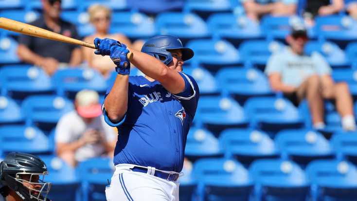 DUNEDIN, FL - MARCH 15: Peyton Williams #33 of the Toronto Blue Jays bats during the game against the Minnesota Twins at TD Ballpark on Saturday, March 15, 2025 in Dunedin, Florida. (Photo by Mike Carlson/MLB Photos via Getty Images)