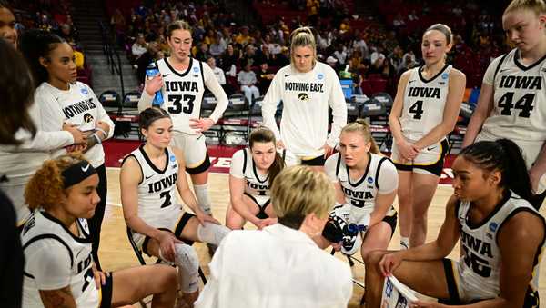 NORMAN, OKLAHOMA - MARCH 22: Head coach Jan Jensen of the Iowa Hawkeyes gives instructions during the First Round of the 2025 NCAA Women's Basketball Tournament held at Lloyd Noble Center on March 22, 2025 in Norman, Oklahoma. (Photo by Gerald Leong/NCAA Photos via Getty Images)