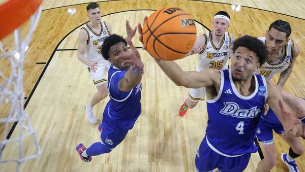 WICHITA, KANSAS - MARCH 20: Isaiah Jackson #4 of the Drake Bulldogs grabs the rebound during the second half in the first round of the NCAA Men's Basketball Tournament against the Missouri Tigers at INTRUST Arena on March 20, 2025 in Wichita, Kansas.  (Photo by Jamie Squire/Getty Images)