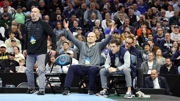 PHILADELPHIA, PENNSYLVANIA - MARCH 22: Head coach Cael Sanderson of the Penn State Nittany Lions reacts to a referee's call during the 2025 NCAA Division I Wrestling Championships at the Wells Fargo Center on March 22, 2025 in Philadelphia, Pennsylvania. (Photo by Hunter Martin/Getty Images)