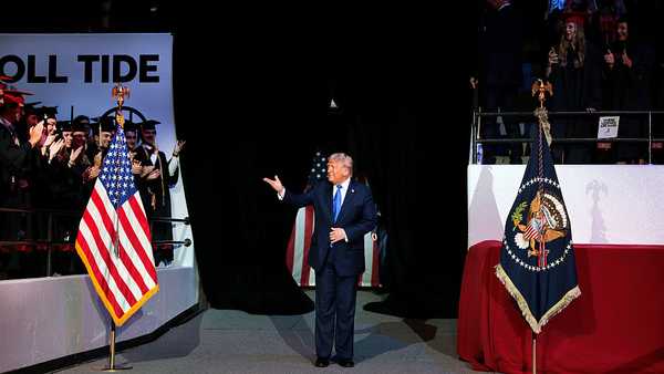 TUSCALOOSA, ALABAMA - MAY 01: U.S. President Donald Trump arrives to deliver remarks to graduating students at the Coleman Coliseum at the University of Alabama on May 01, 2025 in Tuscaloosa, Alabama. Trump's remarks come the day before commencement ceremonies. (Photo by Anna Moneymaker/Getty Images)