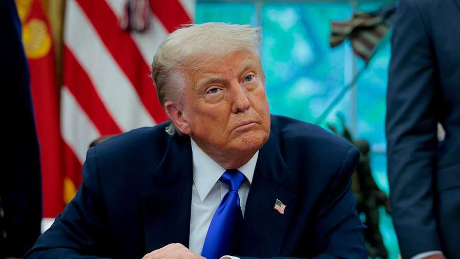 President Donald Trump takes a question from a reporter in the Oval Office at the White House on May 05, 2025 in Washington, D.C.