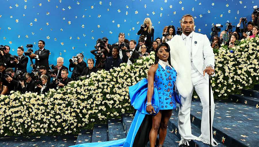 NEW YORK, NEW YORK - MAY 05: (L-R)Simone Biles and Jonathan Owens attend the 2025 Met Gala Celebrating &quot;Superfine: Tailoring Black Style&quot; at Metropolitan Museum of Art on May 05, 2025 in New York City.  (Photo by Theo Wargo/FilmMagic)