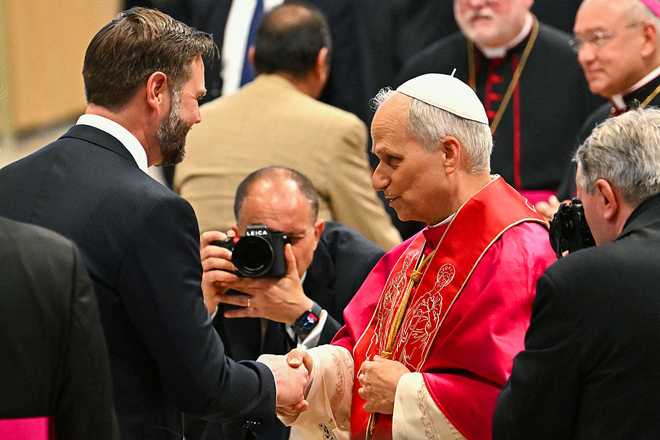 Pope&#x20;Leo&#x20;XIV&#x20;talks&#x20;to&#x20;US&#x20;Vice&#x20;President&#x20;JD&#x20;Vance&#x20;&#x28;L&#x29;&#x20;after&#x20;a&#x20;Holy&#x20;mass&#x20;for&#x20;the&#x20;beginning&#x20;of&#x20;his&#x20;pontificate,&#x20;in&#x20;St&#x20;Peter&amp;apos&#x3B;s&#x20;basilica&#x20;in&#x20;The&#x20;Vatican&#x20;on&#x20;May&#x20;18,&#x20;2025.&#x20;&#x28;Photo&#x20;by&#x20;Alberto&#x20;PIZZOLI&#x20;&#x2F;&#x20;AFP&#x29;&#x20;&#x28;Photo&#x20;by&#x20;ALBERTO&#x20;PIZZOLI&#x2F;AFP&#x20;via&#x20;Getty&#x20;Images&#x29;&#x20;&#x20;&#x20;&#x20;&#x20;&#x20;&#x20;&#x20;&#x20;&#x20;