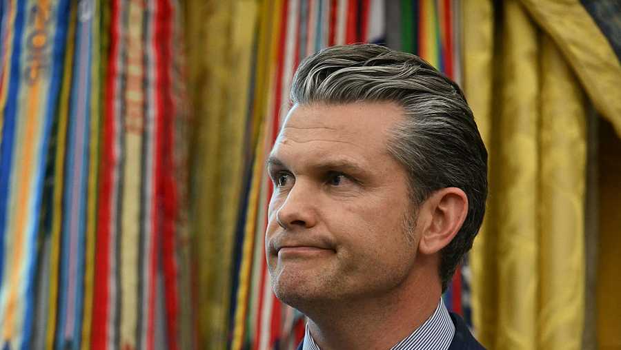 US Secretary of Defense Pete Hegseth looks on as US President Donald Trump (unseen) speaks in the Oval Office of the White House on May 20, 2025, in Washington, DC. Trump is expected to make an announcement about the Golden Dome missile defense shield. (Photo by Jim WATSON / AFP) (Photo by JIM WATSON/AFP via Getty Images)          