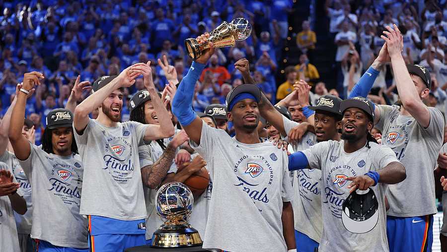 Shai Gilgeous-Alexander #2 of the Oklahoma City Thunder celebrates with teammates after winning the Western Conference Finals MVP after defeating the Minnesota Timberwolves 124-94 in Game Five of the Western Conference Finals of the 2025 NBA Playoffs at Paycom Center on May 28, 2025 in Oklahoma City, Oklahoma.