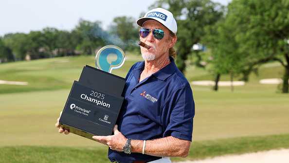 DES MOINES, IOWA - JUNE 01: Miguel Angel Jimenez of Spain poses with the trophy after the third round of the Principal Charity Classic 2025 at Wakonda Club on June 01, 2025 in Des Moines, Iowa. (Photo by David Berding/Getty Images)