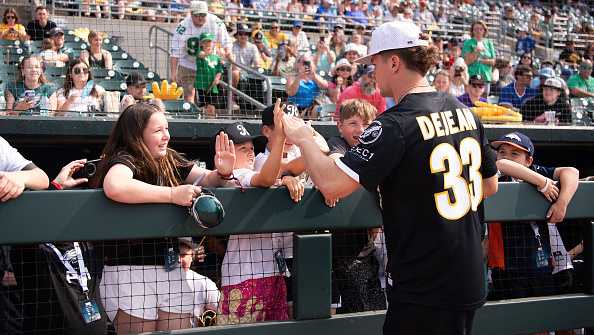 DES MOINES, IOWA - JUNE 01: Cooper DeJean of the Philadelphia Eagles greets fans prior to the Cooper DeJean All-Star Charity Softball Game at Principal Park on June 01, 2025 in Des Moines, Iowa. (Photo by Ginnie Coleman/Getty Images)