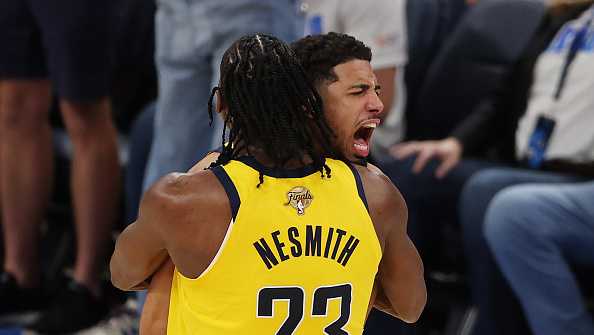 OKLAHOMA CITY, OKLAHOMA - JUNE 05:  Tyrese Haliburton #0 of the Indiana Pacers congratulated by Aaron Nesmith #23 after scoring a basket against the Oklahoma City Thunder during the fourth quarter in Game One of the 2025 NBA Finals at Paycom Center on June 05, 2025 in Oklahoma City, Oklahoma. NOTE TO USER: User expressly acknowledges and agrees that, by downloading and or using this photograph, User is consenting to the terms and conditions of the Getty Images License Agreement. (Photo by William Purnell/Getty Images)