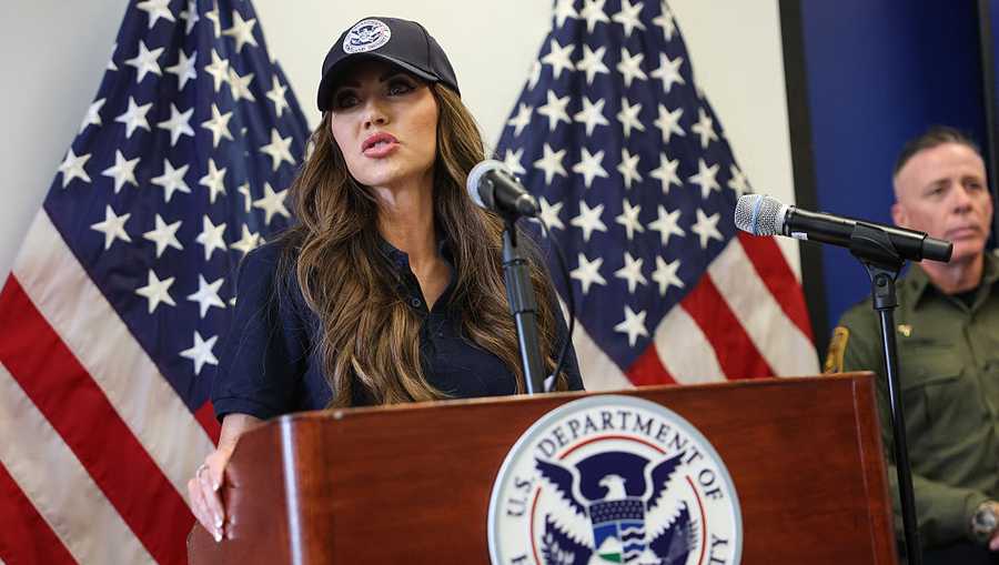 US Department of Homeland Security Secretary Kristi Noem speaks during a news conference at the Wilshire Federal Building in Los Angeles on June 12, 2025. US President Donald Trump said Thursday that Los Angeles was &quot;safe and sound&quot; for the past two nights, crediting his deployment of thousands of troops to quell anti-deportation protests, as California prepared for a legal showdown over his unprecedented move. With protests spreading across the United States, a night-time curfew has been in place in its second-largest city with authorities tackling vandalism and looting that scarred a few city blocks. (Photo by Patrick T. Fallon / AFP) (Photo by PATRICK T. FALLON/AFP via Getty Images)          