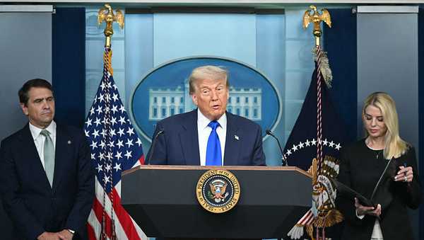President Donald Trump speaks alongside Attorney General Pam Bondi (R) and Deputy Attorney General Todd Blanche during a news conference in the Brady Briefing Room of the White House on June 27, 2025, in Washington, DC.