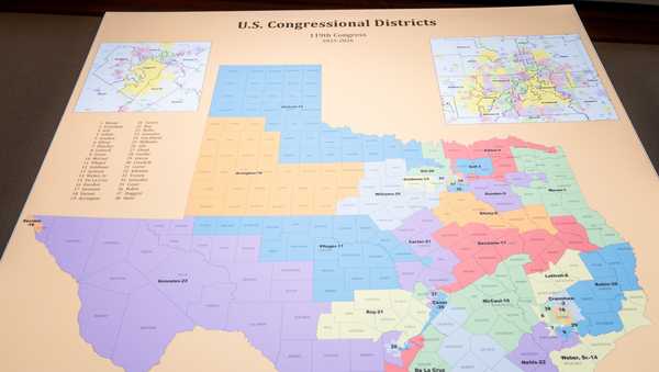 AUSTIN, TEXAS - AUGUST 06: A U.S. Congressional District map is seen as the Senate Special Committee on Congressional Redistricting meets to hear invited testimony on Congressional plan C2308 at the Texas State Capitol on August 6, 2025 in Austin, Texas. The meeting adjourned early due to a lack of attendees for testimony. Earlier this week, Texas Democratic lawmakers fled the state in an attempt to protest and deny quorum for votes on the proposed Republican redistricting plan, which would secure five additional GOP seats in the U.S. House. Gov. Greg Abbott has threatened to remove lawmakers who do not return and has asked the Texas Supreme Court to expel House Democratic leaders who fled the state. (Photo by Brandon Bell/Getty Images)