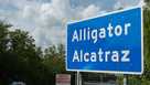 Sign for "Alligator Alcatraz" at the entrance to the detention center in the Everglades, Florida on August 24, 2025.