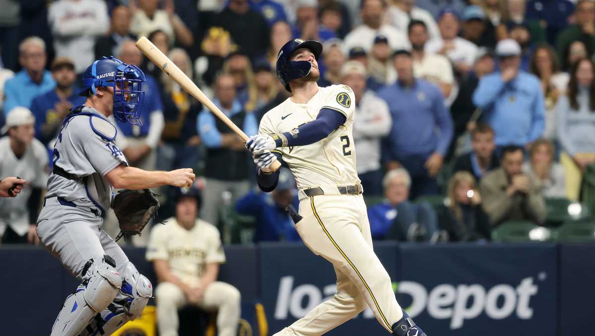 Archival Brewers-Dodgers NLCS action from 2025 Milwaukee Brewers hitter batting against the Dodgers in the 2025 National League Championship Series